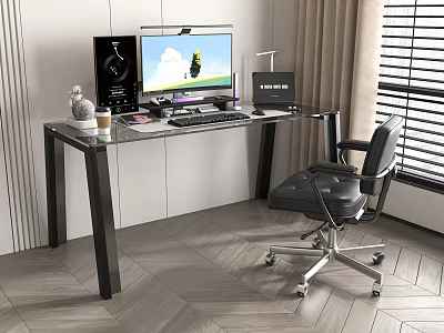 Modern Office Desk And Chair Set With Glass Top Black Metal Legs Ergonomic Chair 3d model