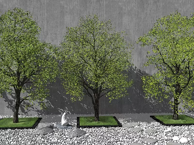 Three Arbor Trees Against Gray Wall With Green Leaves Grass Patches Pebbles And White Sculpture 3d model