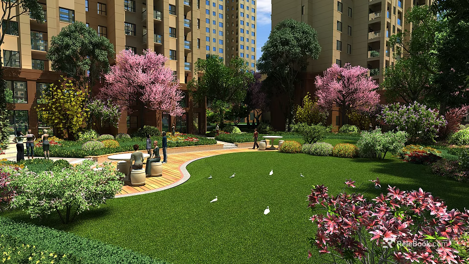 Residential Garden Landscape With Pink Flowering Trees Green Lawn Leisure Pathways Seating Areas And Greenery 3d model 