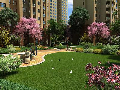 Residential Garden Landscape With Pink Flowering Trees Green Lawn Leisure Pathways Seating Areas And Greenery 3d model