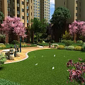Residential Garden Landscape With Pink Flowering Trees Green Lawn Leisure Pathways Seating Areas And Greenery