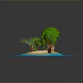 Modern Tropical Island Scene With Sandy Beach Green Trees Thatched Hut And Blue Water