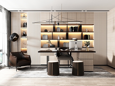 Modern Study Style Background Wall Bookcase Bookshelf Desk Writing Desk Study Chandelier Sofa 3d model