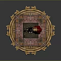 Female Game Movie Character In Black Red Outfit With Gold Accents Sword On Circular Ornate Platform