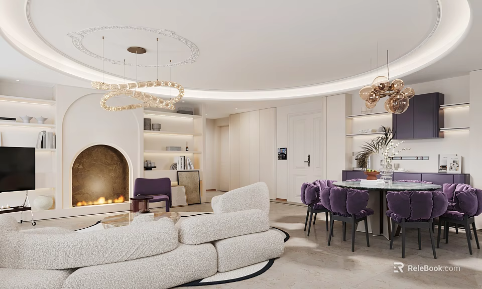 Modern Living And Dining Room Interior With White Sofa Purple Chairs Circular Chandeliers And Fireplace 3d model 