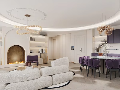 Modern Living And Dining Room Interior With White Sofa Purple Chairs Circular Chandeliers And Fireplace 3d model