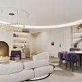 Modern Living And Dining Room Interior With White Sofa Purple Chairs Circular Chandeliers And Fireplace