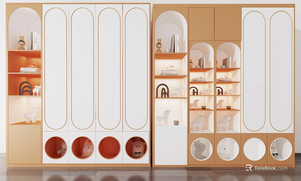 Modern White and Orange Wardrobe with Curved Design Open Shelves and Circular Storage Decorations 3d model 