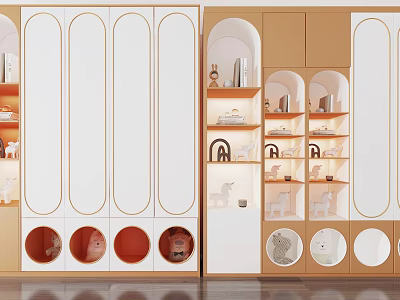 Modern White and Orange Wardrobe with Curved Design Open Shelves and Circular Storage Decorations 3d model