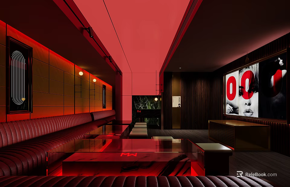 Modern KTV Entertainment Space With Red Lighting Leather Sofas And Dark Wooden Walls 3d model 