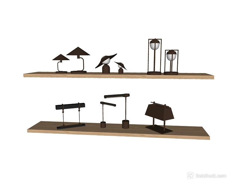 Unique Shaped Table Lamps Collection Displayed on Wooden Shelves 3d model 