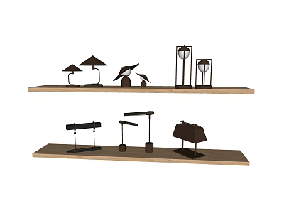 Unique Shaped Table Lamps Collection Displayed on Wooden Shelves 3d model