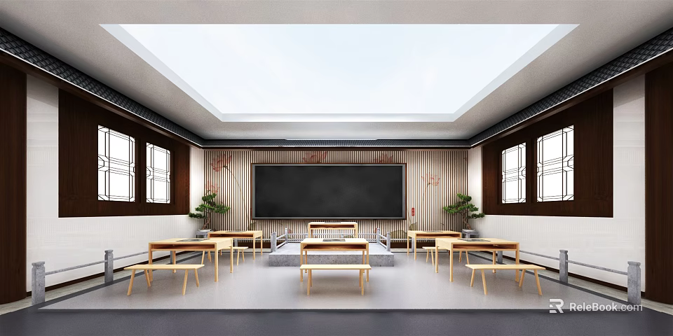 School Traditional Classroom Interior With Blackboard Wooden Desks Chairs Windows And Green Plants 3d model 