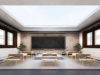 School Traditional Classroom Interior With Blackboard Wooden Desks Chairs Windows And Green Plants 3d model