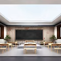 School Traditional Classroom Interior With Blackboard Wooden Desks Chairs Windows And Green Plants