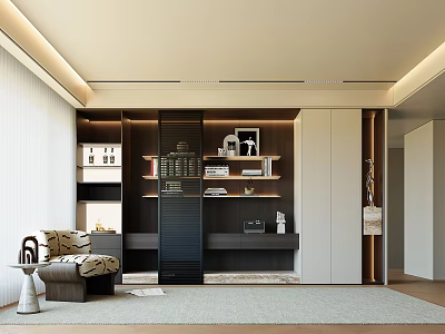 Modern TV Background Cabinet With Storage Shelves And Decorative Items In Living Room 3d model