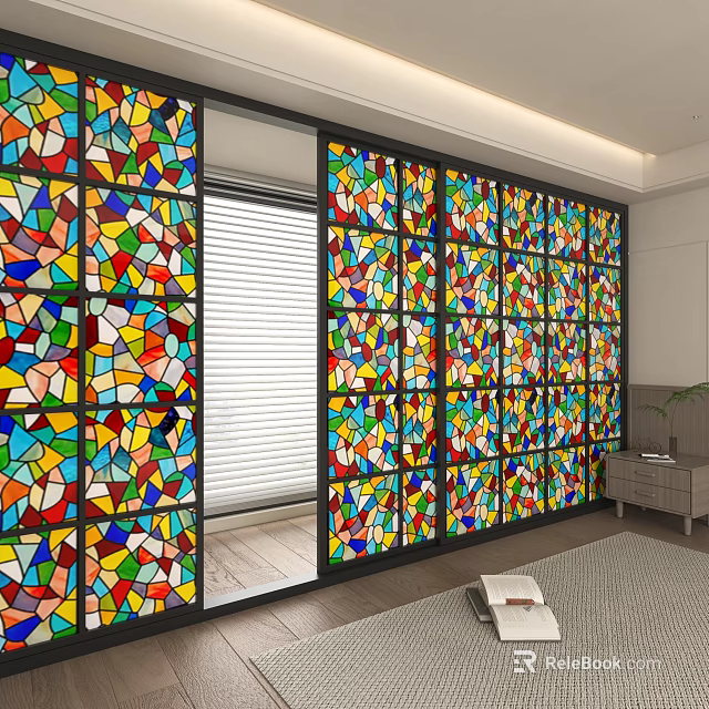 Vibrant Stained Glass Room Divider With Artistic Geometric Patterns In Living Interior 3d model 