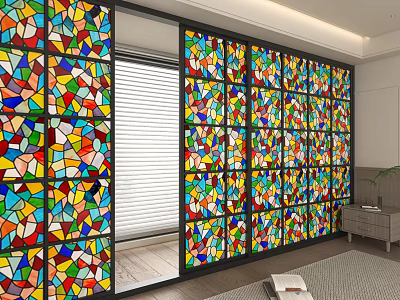 Vibrant Stained Glass Room Divider With Artistic Geometric Patterns In Living Interior 3d model