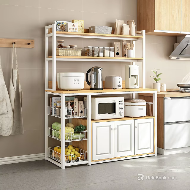 Kitchen Storage Shelf with Microwave Coffee Maker Rice Cooker Vegetable Fruit Baskets and Cabinet 3d model