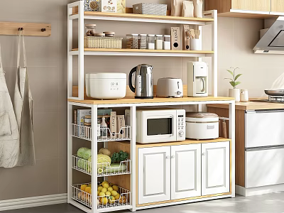 Kitchen Storage Shelf with Microwave Coffee Maker Rice Cooker Vegetable Fruit Baskets and Cabinet 3d model