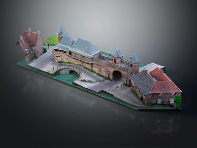 Detached Villa with Red Gray Roofs Towers Bridge Pathway and Greenery 3d model