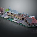 Detached Villa with Red Gray Roofs Towers Bridge Pathway and Greenery