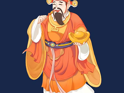 Traditional Chinese God of Wealth Sculpture Carving With Traditional Costume And Gold Ingot 3d model