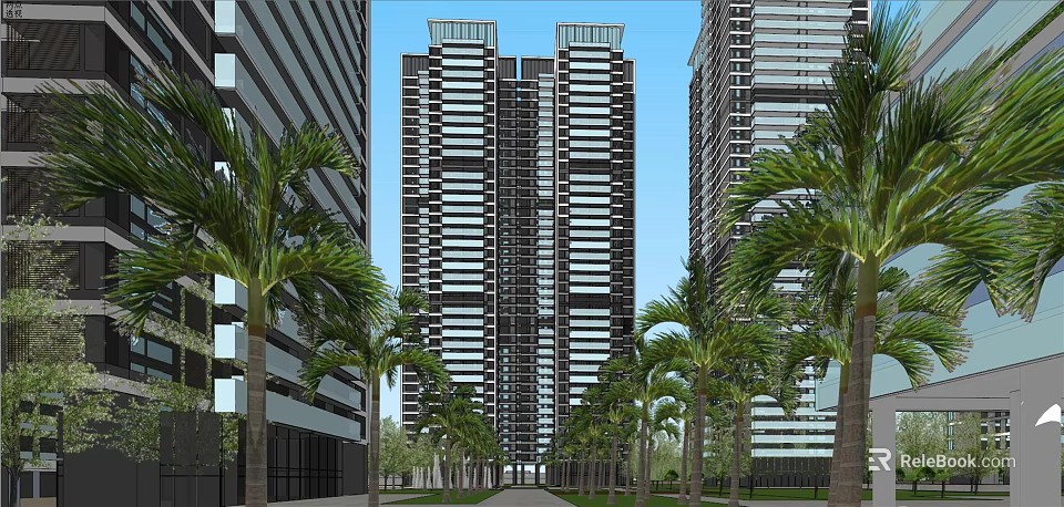 Towering Modern High Rise Buildings With Palm Trees Along Urban Avenue 3d model 
