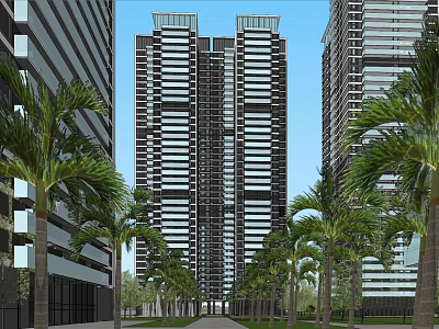 Towering Modern High Rise Buildings With Palm Trees Along Urban Avenue 3d model