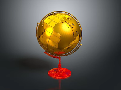 Golden Globe Decorative Piece With Red Stand And Detailed World Map 3d model