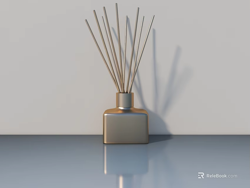 Carved Silver Square Bottle Sculpture With Slender Sticks On Smooth Surface Against White Background 3d model 