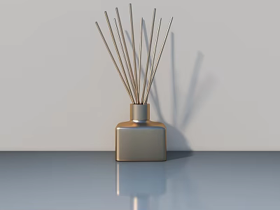 Carved Silver Square Bottle Sculpture With Slender Sticks On Smooth Surface Against White Background 3d model