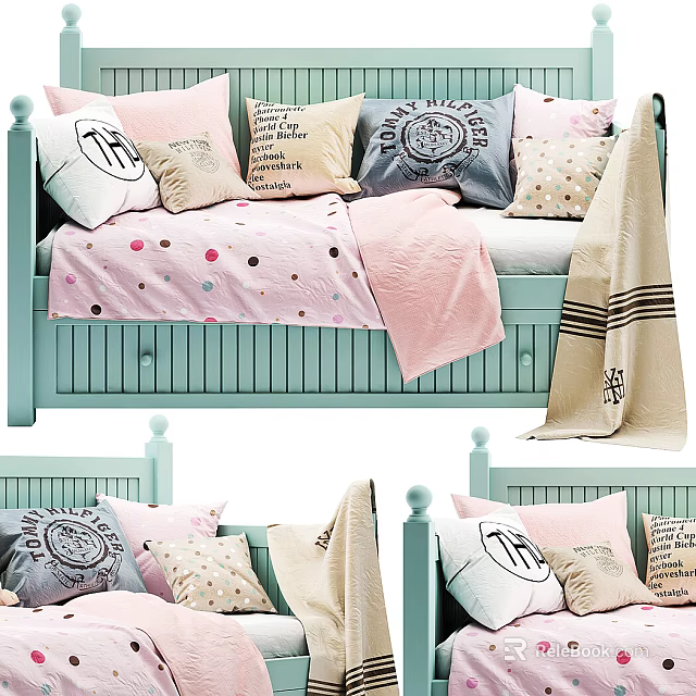 Light Blue Baby Crib With Soft Pink Polka Dot Blanket And Decorative Pillows 3d model 