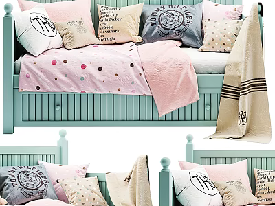 Light Blue Baby Crib With Soft Pink Polka Dot Blanket And Decorative Pillows 3d model