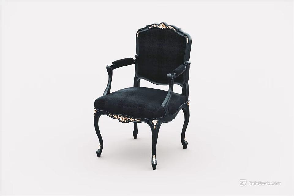Black Accent Chair with Gold Carved Accents Armrests and Elegant Curved Legs Design 3d model 