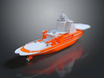 Orange And White Wooden Boat Featuring Superstructure Deck Equipment And Reflective Hull Design 3d model