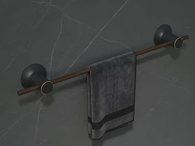 Bathroom Towel Rack With Wooden Rod Black Base And Gray Towel On Marble Wall 3d model