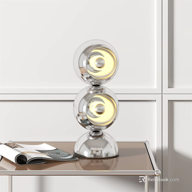 Modern Double Transparent Sphere Table Lamp Illuminated on Wooden Table with Magazine 3d model 