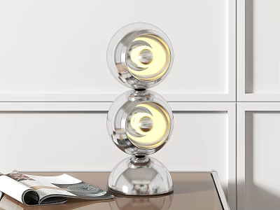 Modern Double Transparent Sphere Table Lamp Illuminated on Wooden Table with Magazine 3d model