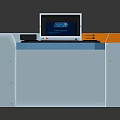 Modern Work Desk with Computer Monitor Keyboard Drawers and Blue Orange Design