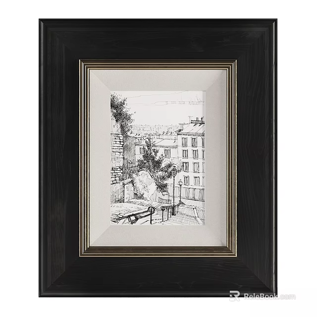 Dark Wooden Picture Frame With Gold Accent Border And Black White Street Scene Sketch 3d model 