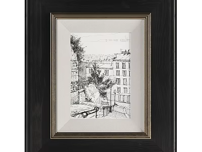Dark Wooden Picture Frame With Gold Accent Border And Black White Street Scene Sketch 3d model