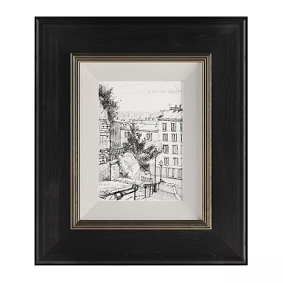 Dark Wooden Picture Frame With Gold Accent Border And Black White Street Scene Sketch 3d model