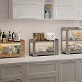 Wooden and Metal Storage Shelves in Kitchen Countertop with Dishes Cups and White Tile Wall