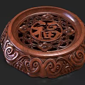 Chinese Style Wooden Decorative Shelf With Intricate Carved Patterns And Round Tray Design