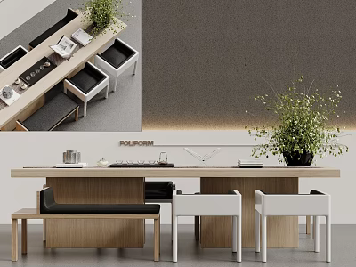 Modern Minimalist Wooden Dining Table And Chairs Set With Bench Plant And Tea Set 3d model