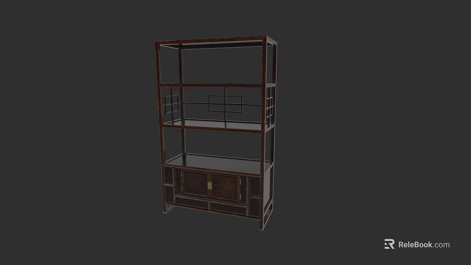 Classic Chinese Style Wooden Bookshelf With Multiple Shelves And Cabinet Doors Design 3d model 