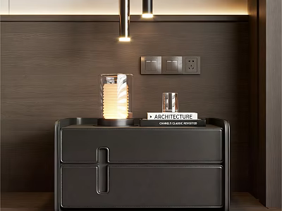 Modern Black Bedside Table With Glass Lamp And Architecture Book On Wooden Wall 3d model