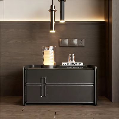 Modern Black Bedside Table With Glass Lamp And Architecture Book On Wooden Wall 3d model