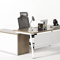 Modern Office Desk Setup With Desk Lamp Books Laptop Sculpture And Chair